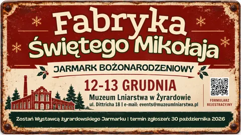 Plakat: Fabryka Świętego Mikołaja – Jarmark Bożonarodzeniowy w Muzeum Lniarstwa w Żyrardowie – zgłoszenia do 30 października (12–13 grudnia)