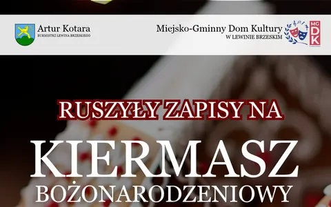 Plakat: Kiermasz Bożonarodzeniowy na Rynku w Lewinie Brzeskim – zapisy wystawców (12 grudnia)
