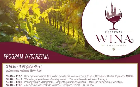 Plakat: Festiwal Wina w Dworze Kościuszko w Krakowie (14–15 listopada)